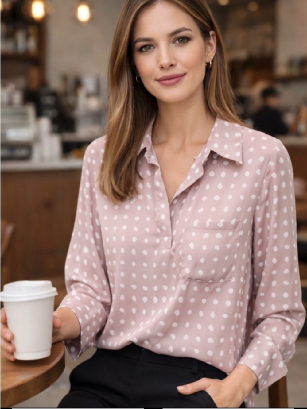 Pleione Blush Polka Dot Popover Blouse XS EUC Nordstrom High Low Hem